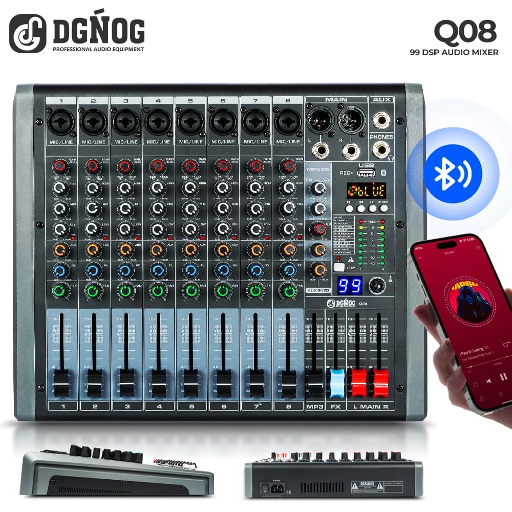 Mixer Audio Professionale a 8 Canali Q8, Console di Controllo Audio da Studio, Alimentazione Phantom 48V, 99 DSP, Bluetooth per DJ, Palco, Karaoke DGNOG