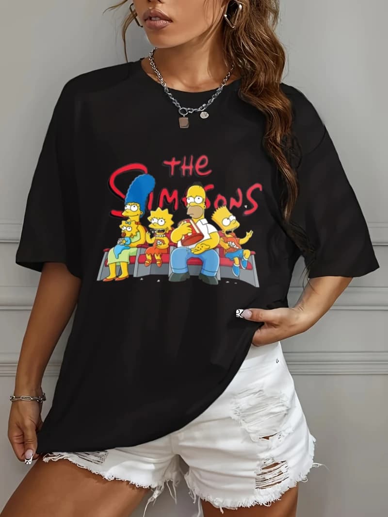 Women's The Simpsons T-Shirt - Iconic TV Show Black with Homer, Marge, Bart, Lisa & Maggie Print - Casual Streetwear Top Fans