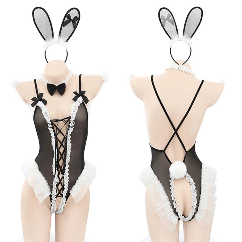 Sexy Lingerie Cute Bunny girl Hollow Out Bodysuit One Piece Lace Open Crotch Kawaii Couple Role Play Rabbit Butler bar Uniform