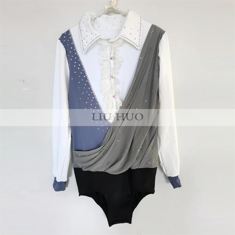 LIUHUO pattinaggio di figura Top da uomo Costume da spettacolo di ghiaccio da competizione body da ballo a maniche lunghe per bambini rullo grigio bianco