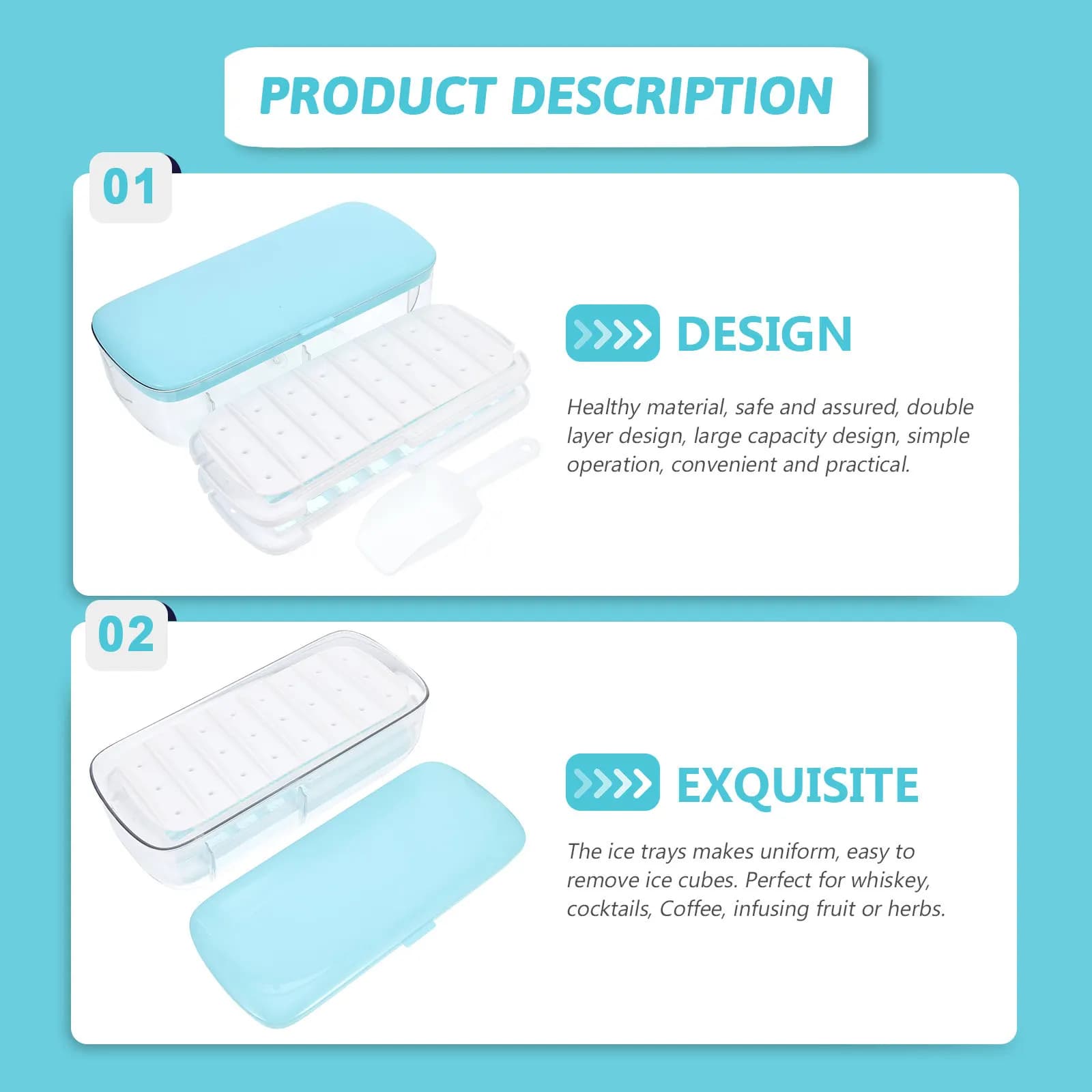 Set di 1 stampo in silicone per cubetti di ghiaccio con coperchio per congelamento rapido, riutilizzabile, per cucina e bar