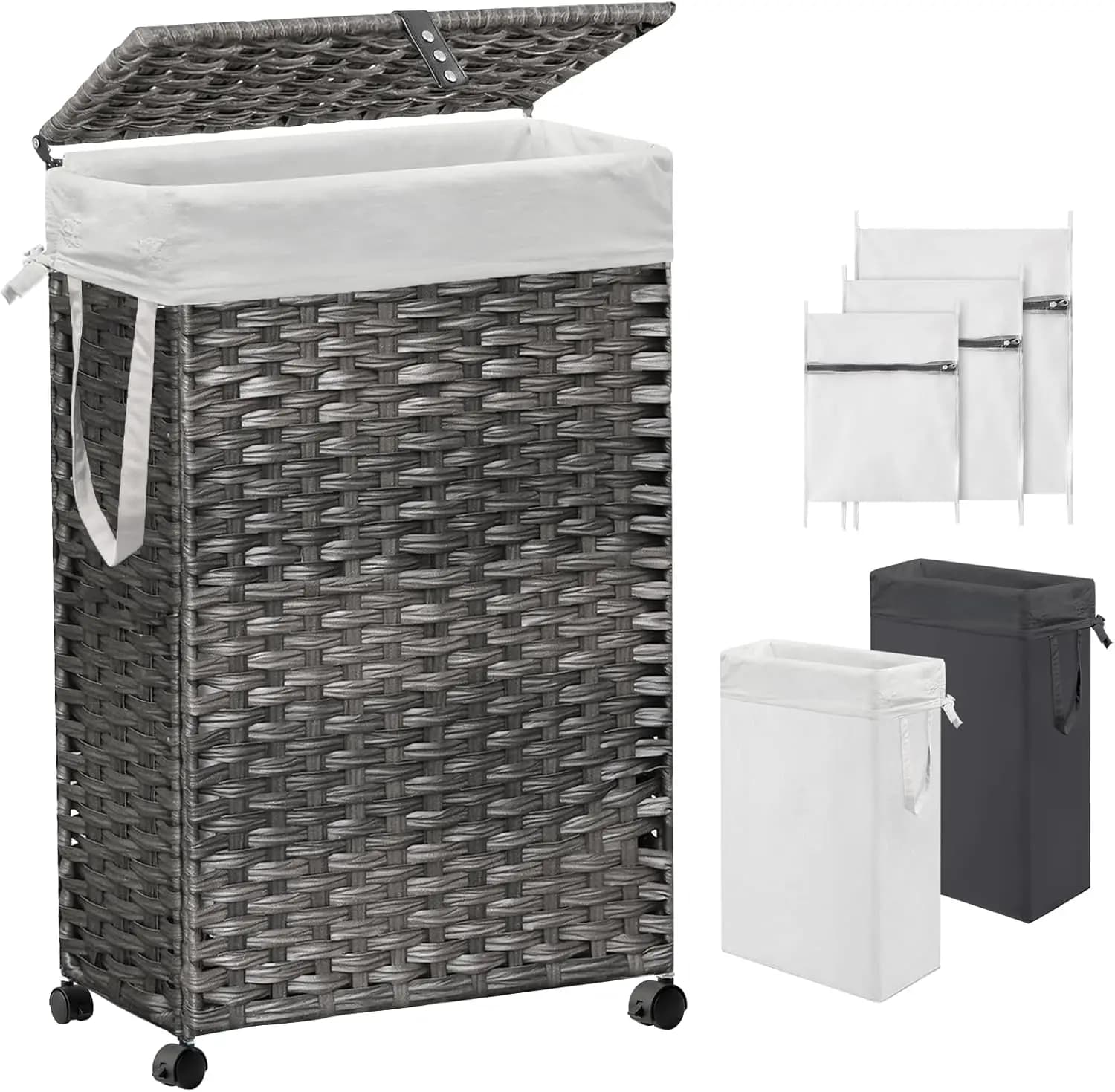 70L Slim Laundry Hamper with Lid & Wheels，Laundry Basket with 2 Removable Liner Bags & 3 Mesh Bags, Grey