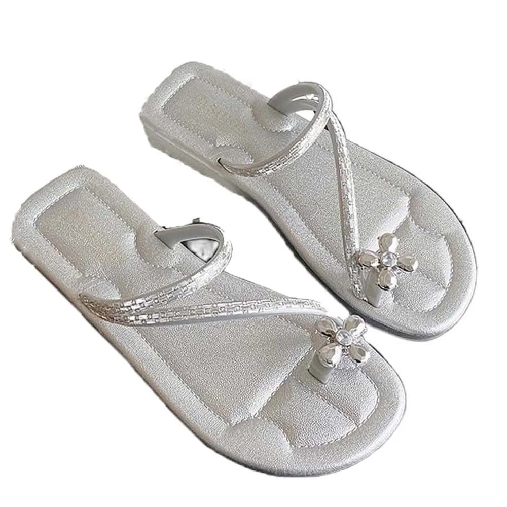 Infradito Antiscivolo con Strass Luminosi, Ciabatte Morbide con Fiori Argentati, Sandali da Donna Resistenti all'Usura con Strass