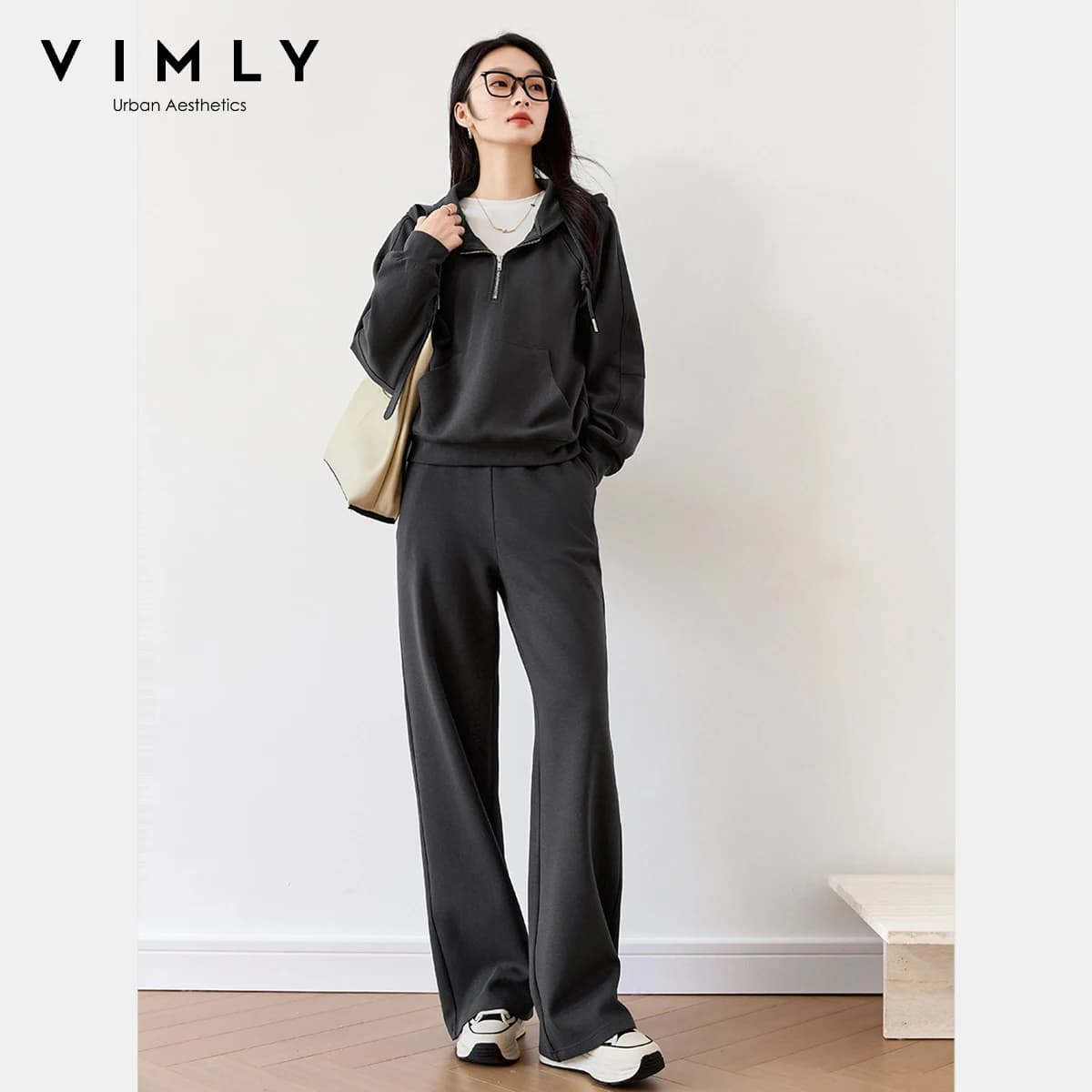 Completo Sportivo VIMLY da Donna 2 Pezzi Autunno 2026: Top con Cappuccio e Coulisse, Pantaloni Larghi Casual, Set Pantalone da Donna M8373