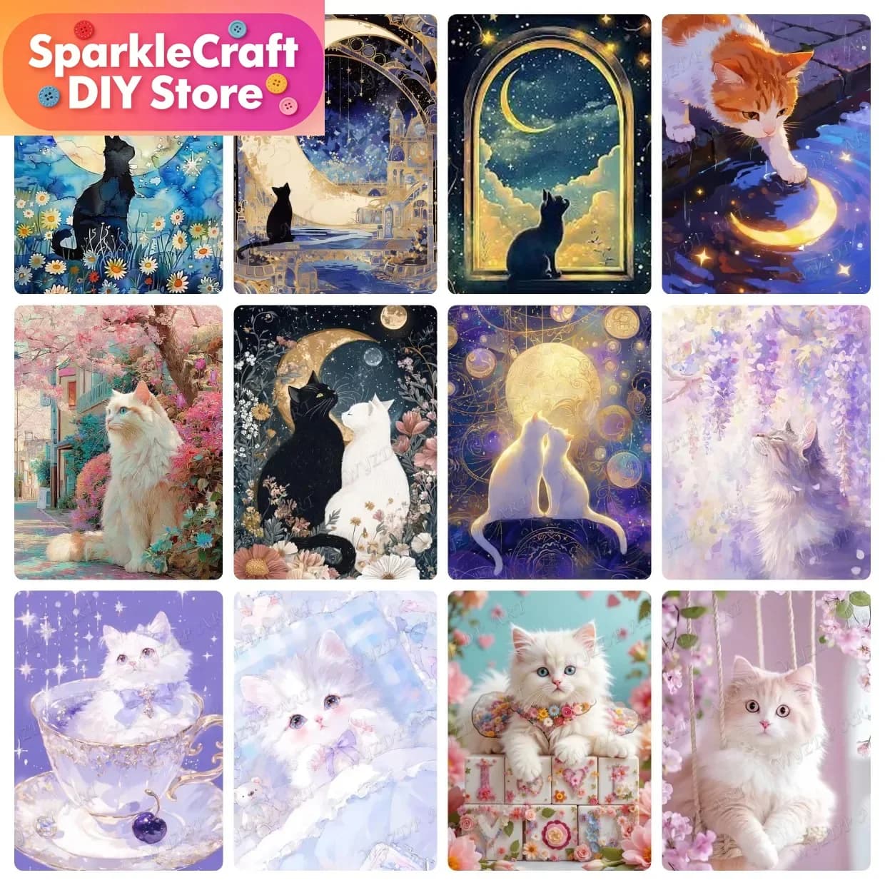 Kit Pittura Diamante 5D Fai da Te Gatto Animale Luna, Ricamo Diamante Mosaico, Arte Fatta a Mano, Regalo Squisito, Decorazione Casa