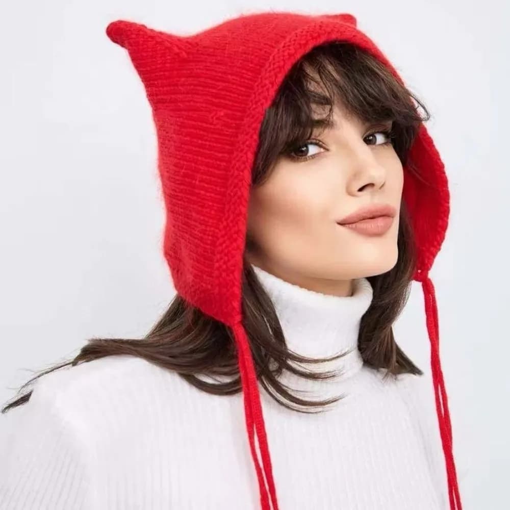 Cozy Laced Up Cat Ear Beanie Soft Foldable Knit Winter Hat Solid Color Winter Warm Fluffy Hat For Women