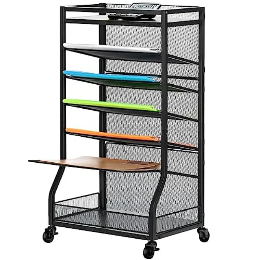 Carrello Portadocumenti a 7 Ripiani con Vassoi Scorrevoli, Organizzatore per Documenti in Legno e Metallo da Scrivania, Portadocumenti Autoportante, Porta Lettere
