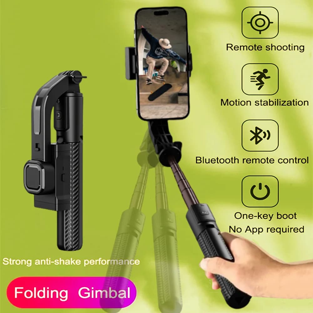 Stabilizzatore palmare per smartphone con Bluetooth, treppiede e selfie stick pieghevole, con luce magnetica integrata.