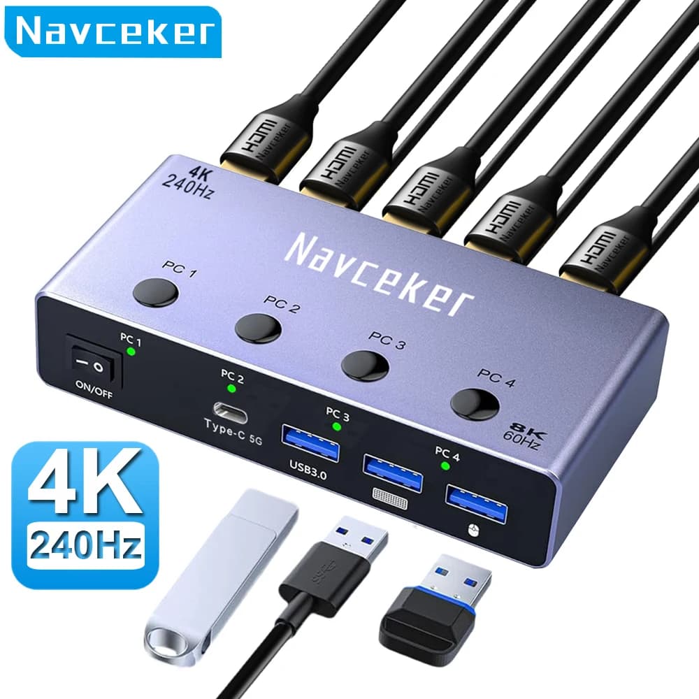 Navceker 4K 240Hz 4X1 HDMI KVM Switcher 4 ports 8K USB HDMI KVM 4 PC Switch 144Hz Docking Station Share 1 Monitor Mouse Keyboard