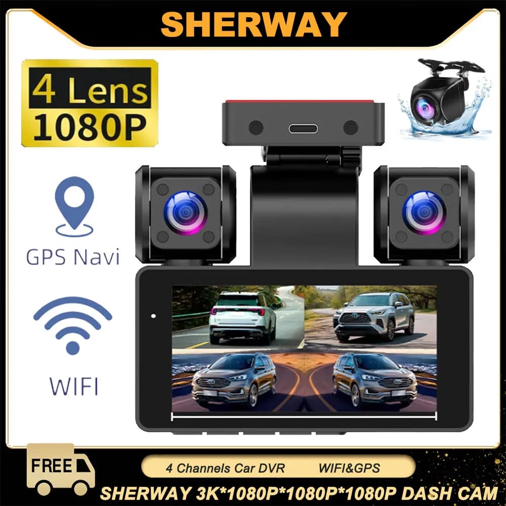 4 channel DVR Car Dash Camera GPS Car Camera Wi-Fi 360 Dash Cam Front and Rear Inside Left 3k * 1080P 4 Objective Video Recorder