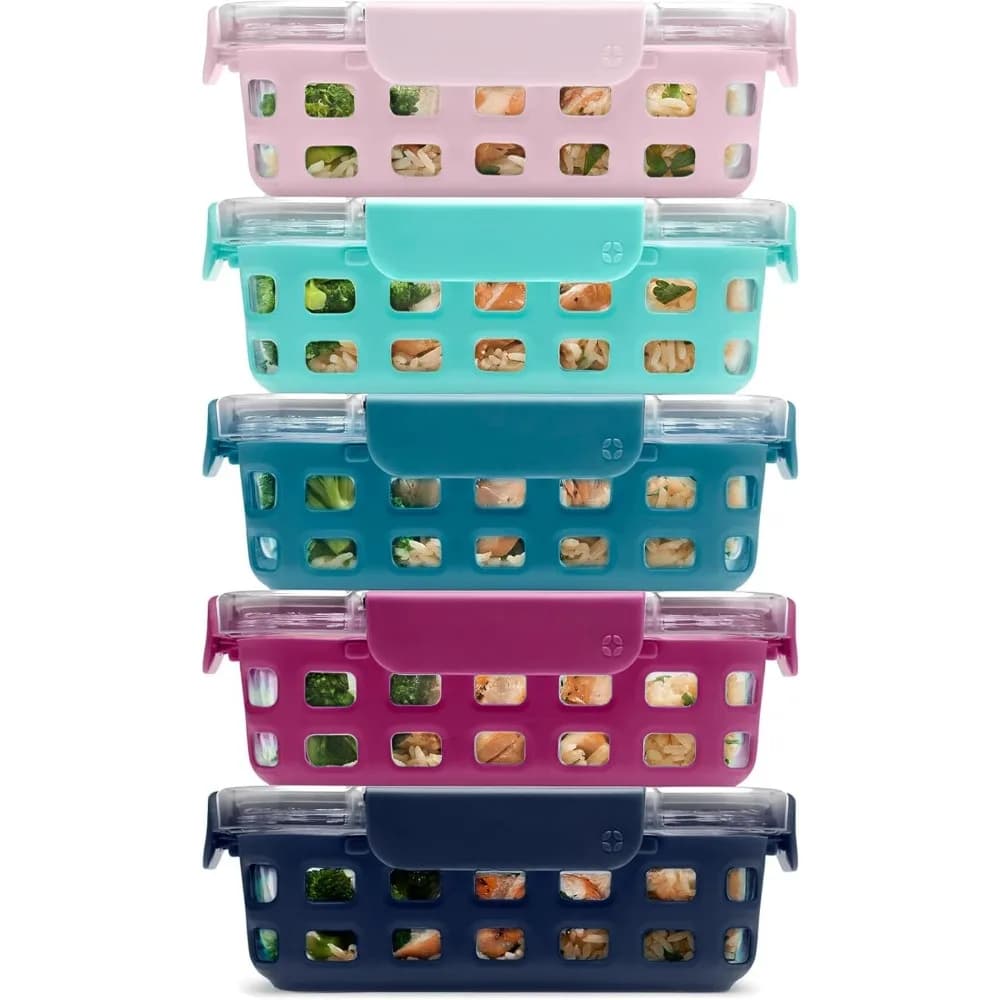 Set di 10 contenitori per la preparazione dei pasti in vetro con manicotti in silicone e coperchi ermetici, lavabili in lavastoviglie, microonde, congelatore