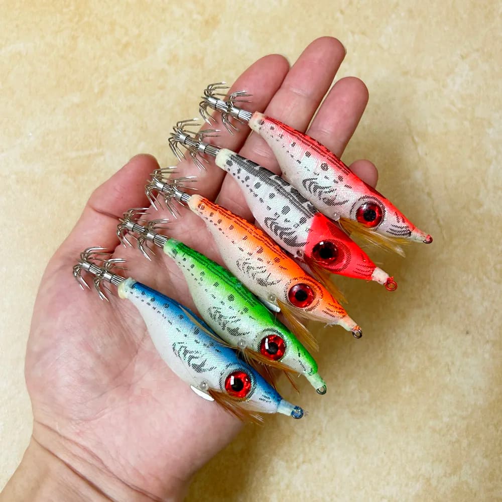 DNDYUJU 5pcs 9g/10cm Fishing Lure Lead Sinker Squid Jig Hook Set Wooden Shrimp Artificial Octopus Cuttlefish Shrimp Hard Bait