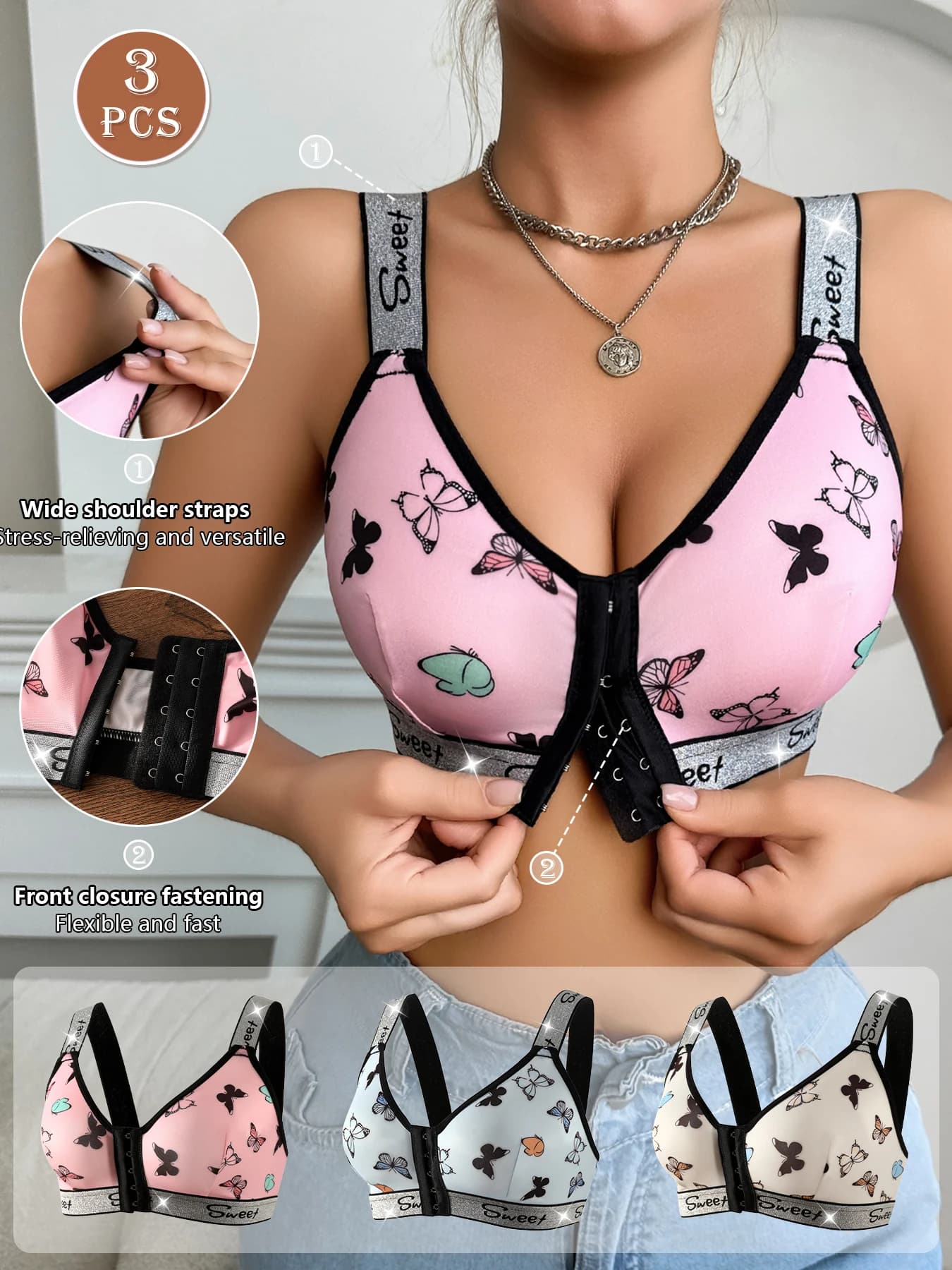 Set intimo da donna 3 pezzi, reggiseno con chiusura frontale multicolore