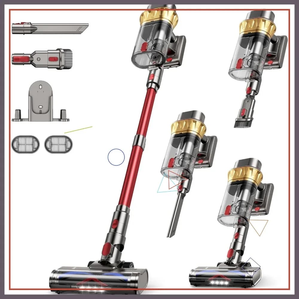 Aspirapolvere Senza Fili 650W, Potenza di Aspirazione 55KPa, Autonomia 75 Minuti, Doppio Contenitore 2.5L, Anti-Groviglio, Autoportante