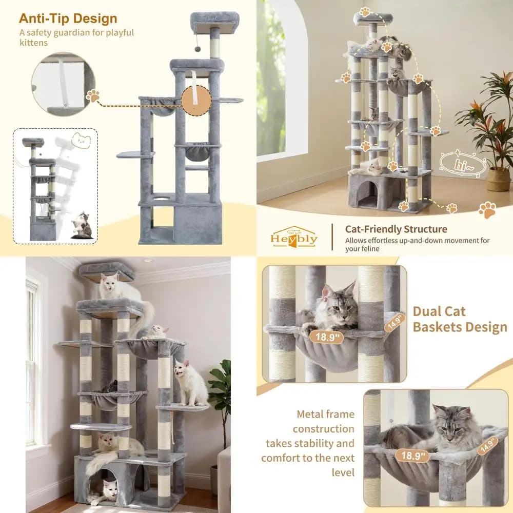 Torre per Gatti Alta 71 Pollici per Razze Grandi con Base Ampia, Piattaforme Multi-Livello, 2 Amache, 12 Posti per Tirare, Grigio Chiaro