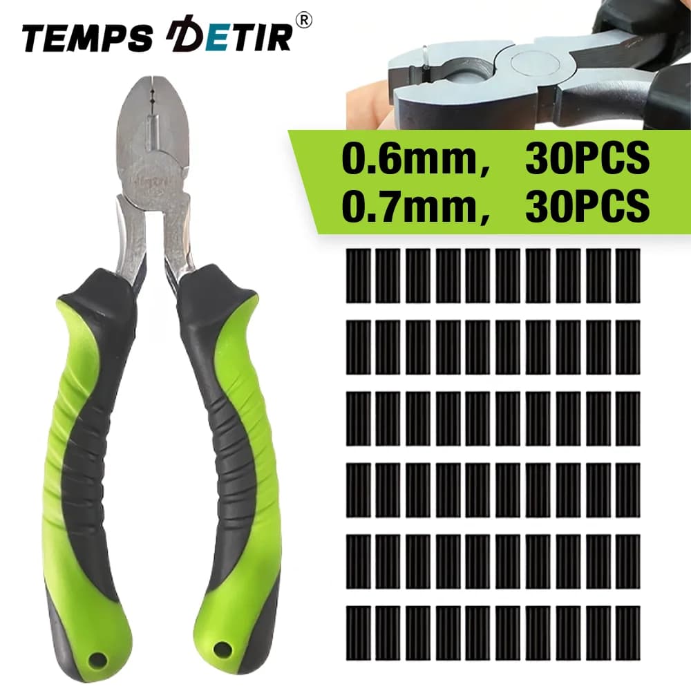 Pinza da pesca multifunzionale, pinza per crimpare lenze, strumento per rimuovere gli ami Chod, include 30 girelle da crimpare da 0,6 mm e 30 da 0,7 mm, uno strumento essenziale per gli appassionati di pesca.