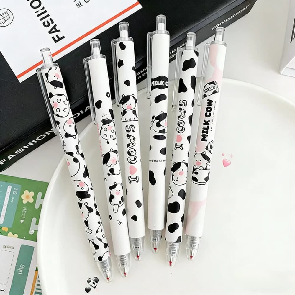 Set di 6 Penne Gel Retrattili a Forma di Mucca, 0.5mm, Scrittura Fluida, Cartone Animato, Cancelleria Kawaii per Scuola e Ufficio