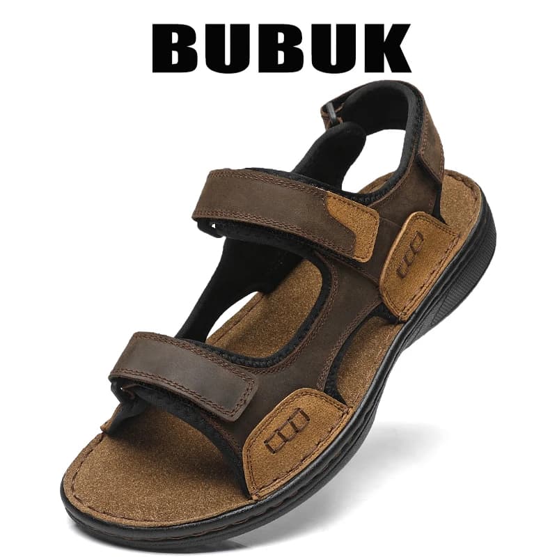 Bubuk Sandali estivi da uomo in vera pelle, sandali da spiaggia alla moda per esterni, cinturini in velcro regolabili, tomaia in pelle di vacchetta primo strato, con supporto per l'arco plantare, adatti per uso interno ed esterno, viaggi e abbigliamento da lavoro