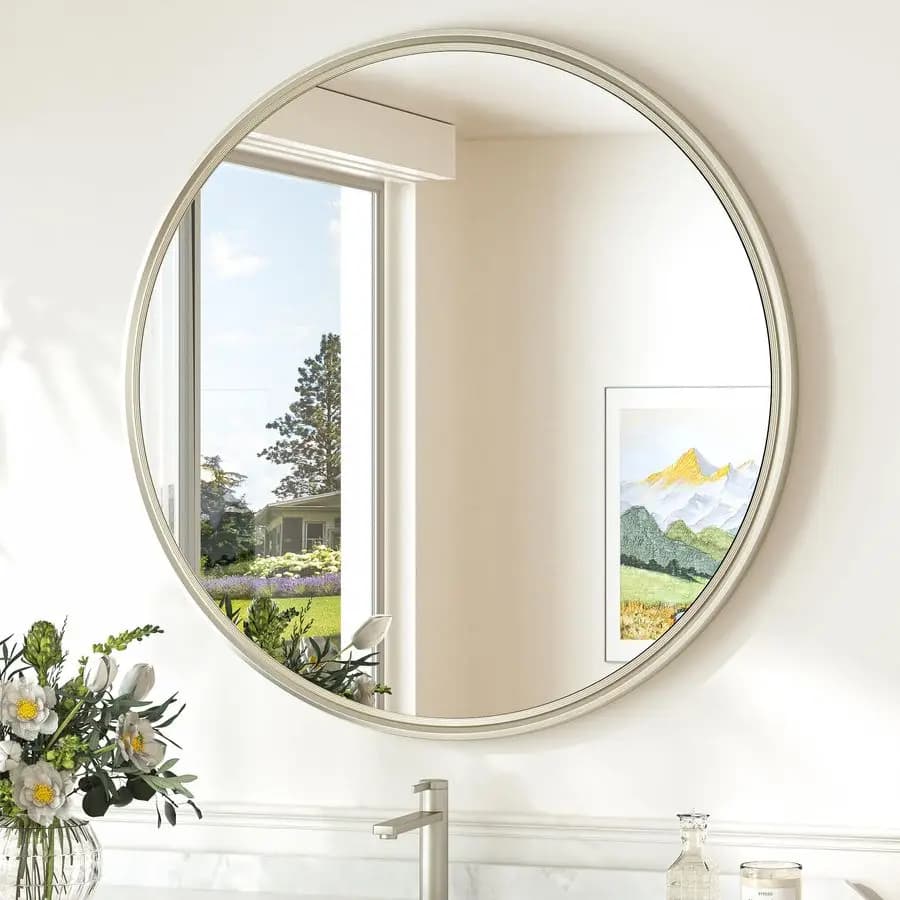 Specchio da bagno circolare da 24 pollici in nichel spazzolato, specchio da parete rotondo temperato, infrangibile 24x24 sospeso a parete con specchio per fattoria fo