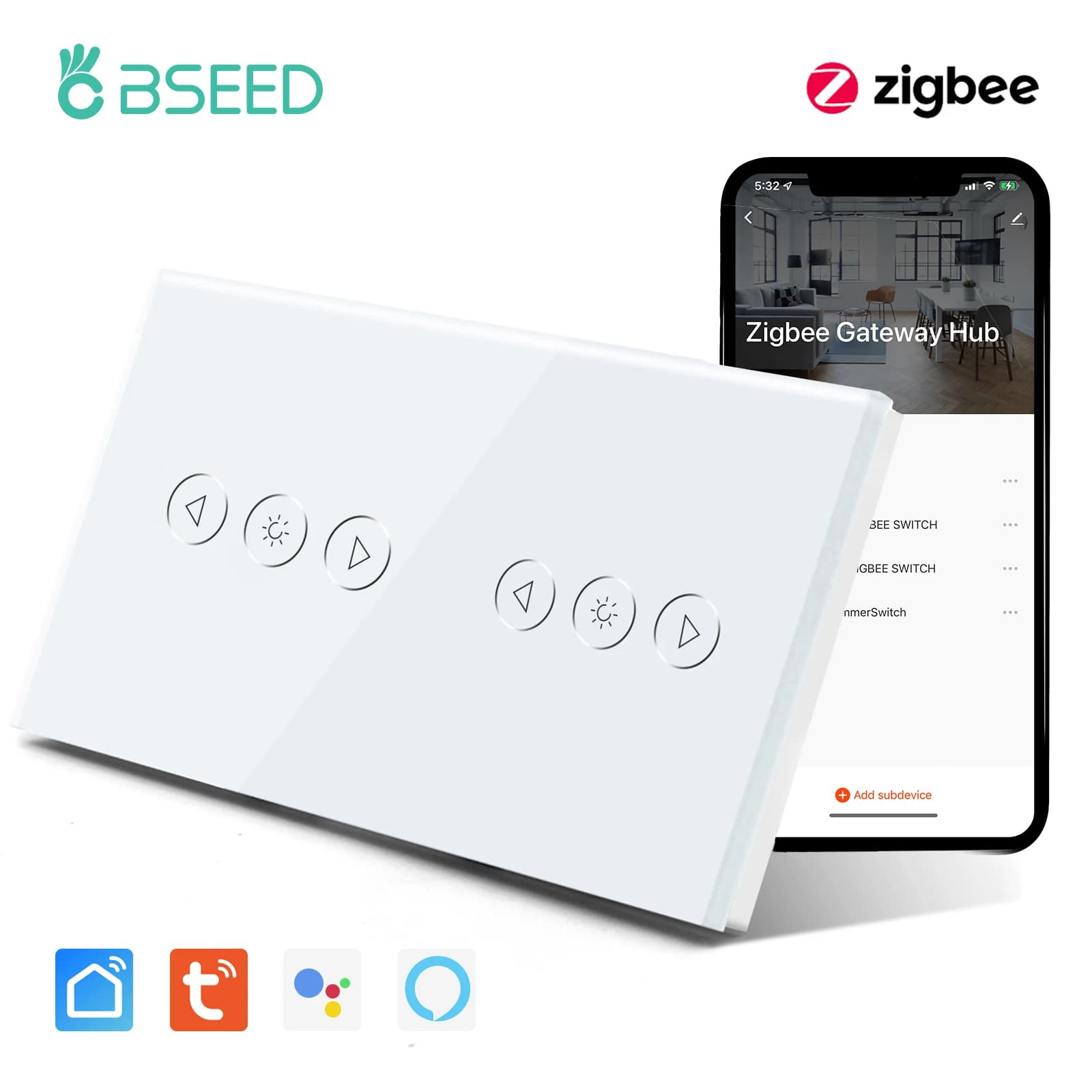 BSEED Zigbee Smart Dimmer Switches Double LED Dimmable Touch Switch Blue Backlight Glass Panel Google Tuya Smart Life Control