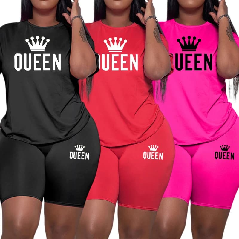 2025 Summer New Arrival Women's Jumpsuit 2 pieces Set Queen Printed O-Colle T-shirt Sports Shorts Urban Fashion Women's Casual Dresses