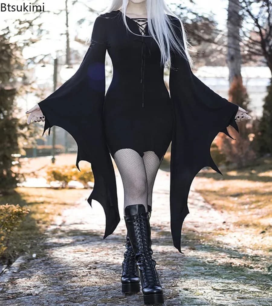 Abito gotico da donna girocollo manica a pipistrello fasciatura incrociata vita minigonna dimagrante abito di Halloween costume da festa di ruolo