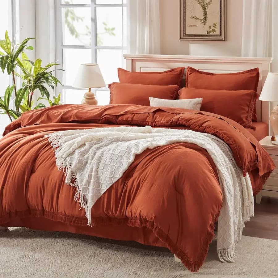 Set Copripiumino King Size con Lenzuola Arancione Bruciato, 7 Pezzi, Set Letto Boho Morbido e Leggero, Tinta Terracotta Ruggine