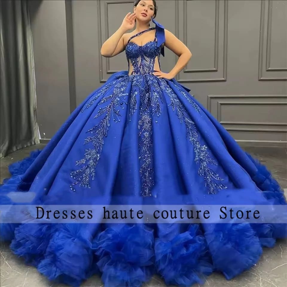 Abiti Quinceanera con applicazioni monospalla blu royal 2025 Abito da ballo con fiocco Abiti da festa di laurea di 15 anni Messicano Personalizza