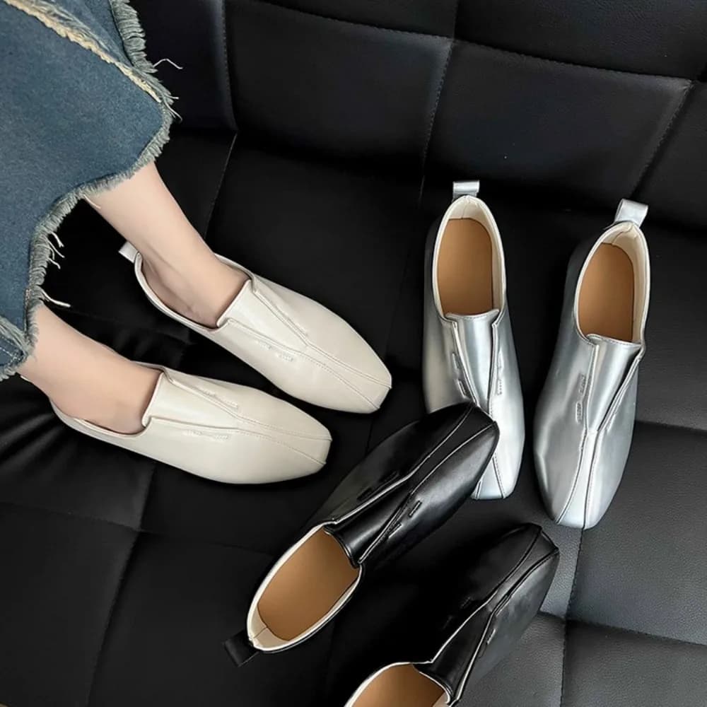 Mocassini in Pelle di Pecora Comodi e Morbidi, Beige Argento, Scarpe Basse Semplici da Donna per Primavera Autunno, con Punta Quadrata