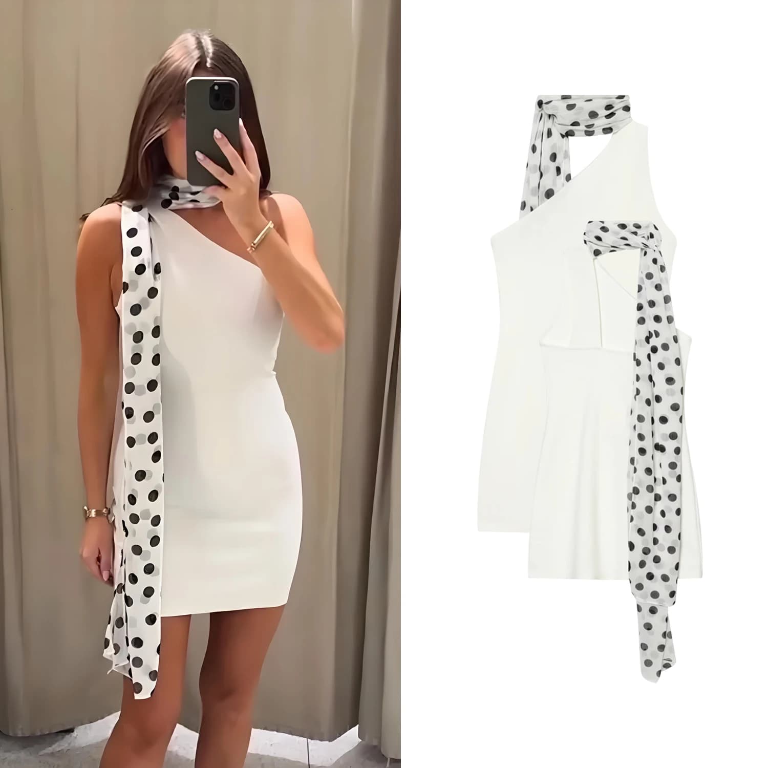 Mini Abito Estivo da Donna con Stampa a Pois, Scollo all'Americana, Sexy, Slim, Asimmetrico, Patchwork, per Feste