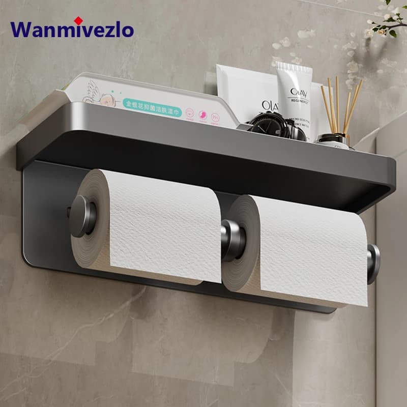 Portarotolo di carta igienica grande Portarotolo di carta da parete con vassoio portaoggetti Porta cellulare Accessori da bagno