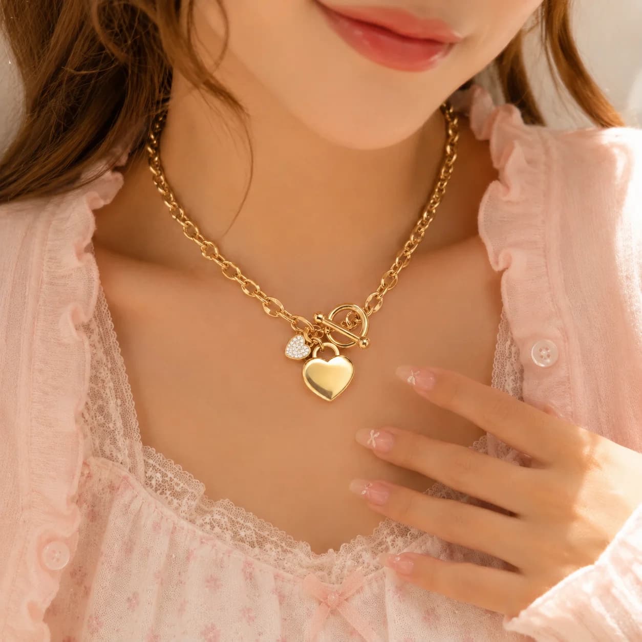 Heart Pendant Necklace Shiny Synthetic Zirconia Inlaid Stainless Steel Clavicle Chain Easy Wear OT Clasp Simple Luxury Jewelry