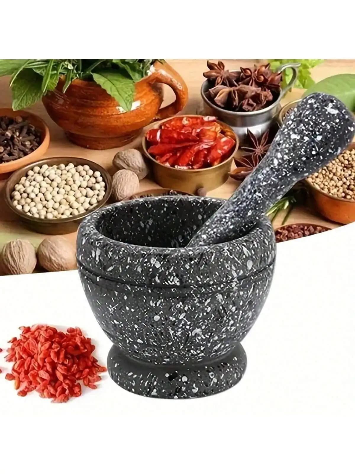 1 pressa per aglio con texture in granito, set mortaio e pestello, frullatore per aglio, peperoncino, spezie, utensile da cucina