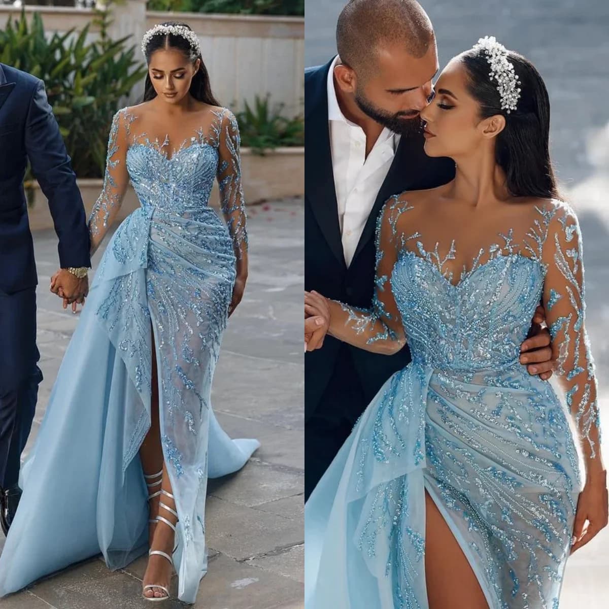 Abito da sera di lusso arabo di Dubai con perline, a sirena, azzurro, lungo, a tubino, per feste di matrimonio, con spacco laterale, personalizzabile