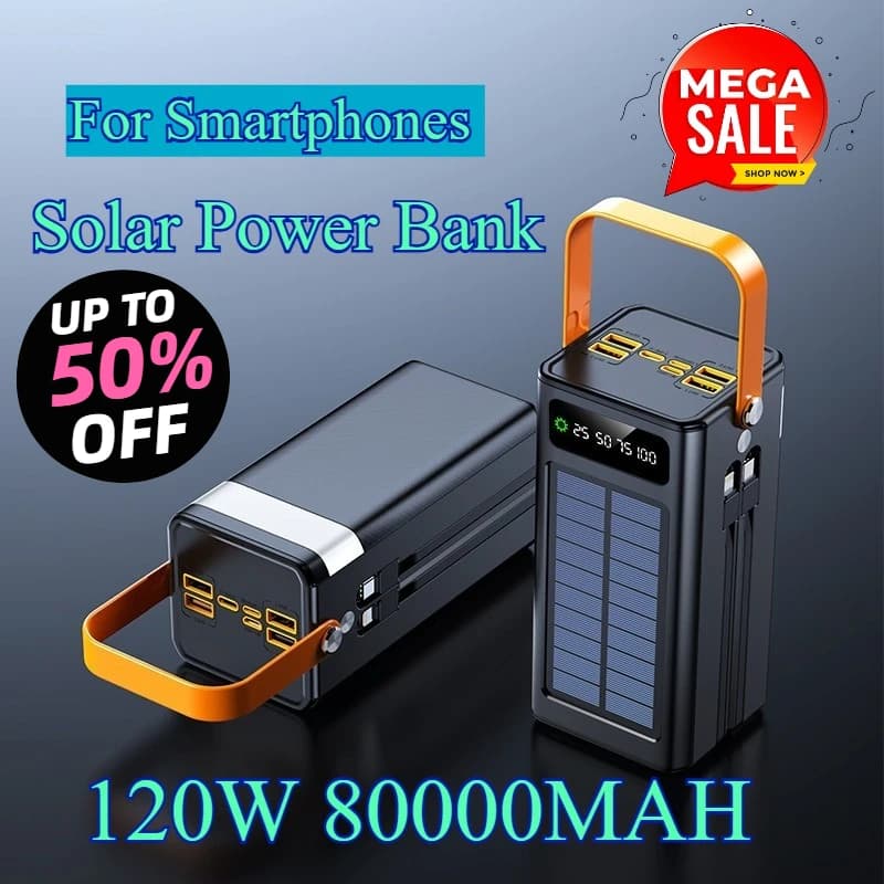 80000mAh Solar Power Bank 120W Super Fast Large Capacity Portable Mobile for Smartphones Laptops Outdoor Camping Devices