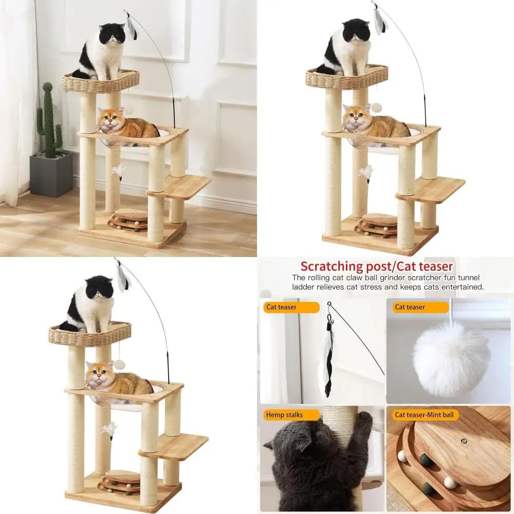 Albero per Gatti Moderno a 4 Livelli, 34 Pollici, con Capsula Spaziale, Cesto Intrecciato a Mano, Giocattolo con Piume, Palline Appese, Pali in Sisal