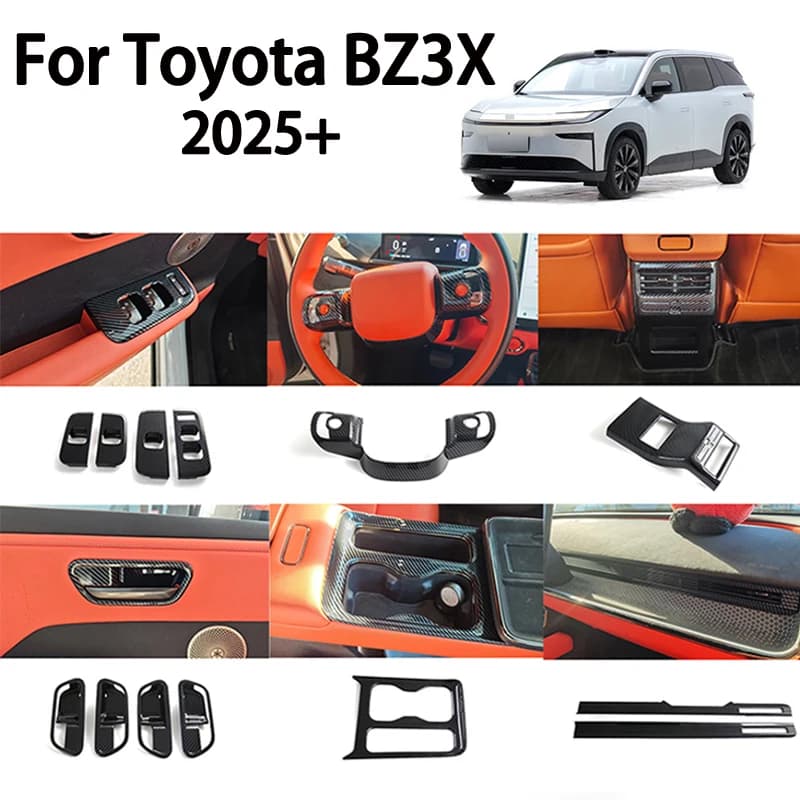 Per Toyota BZ3X 2025: Accessorio Interno in ABS con Finitura in Fibra di Carbonio per Pannello Interruttori Alzacristalli, Cornice Volante e Cornice Portabicchieri