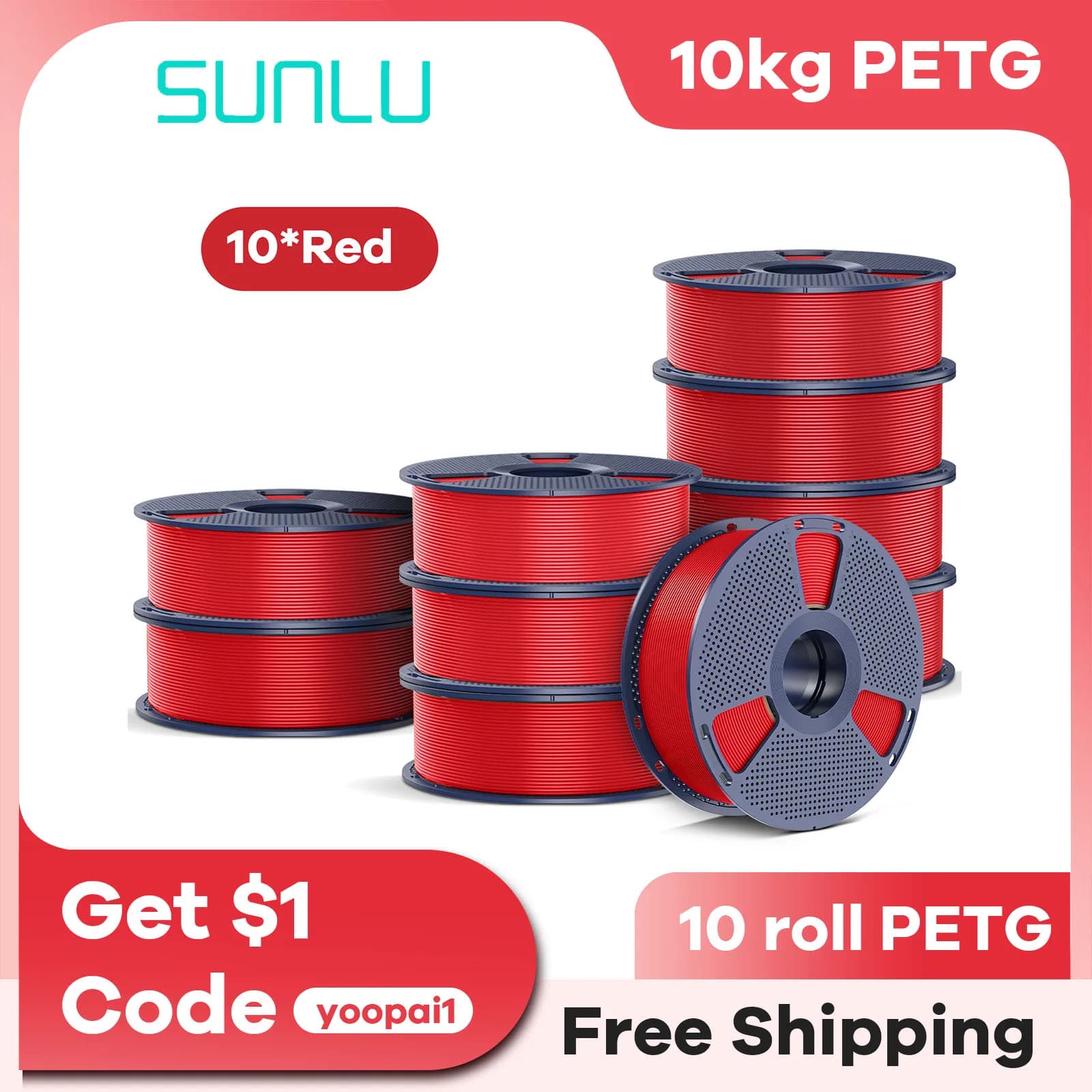 Filamento PETG SUNLU 10 kg 10 rotolo 1 kg/rotolo per Bambu/Creality supporta tutte le stampanti 3D 1,75 mm +/- 0,02 mm Filamento ordinato avvolto