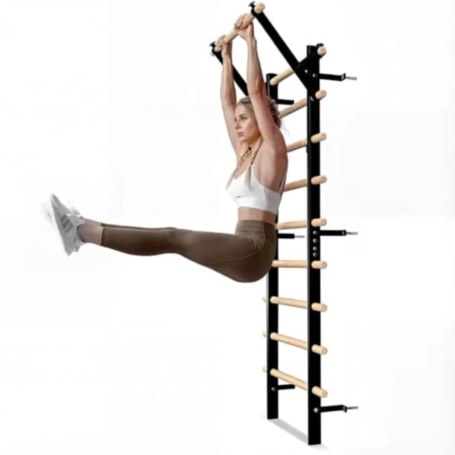 Swedish roller coaster with wooden structure and 9 strategic bars for strengthening the core, suspension trainer with pull-up function
