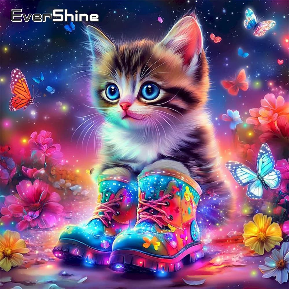 EverShine Mosaico di Diamanti Gatto Animale Punto Croce Pittura Floreale Immagine Strass Ricamo Farfalla 5D Fai da Te Regalo Fatto a Mano