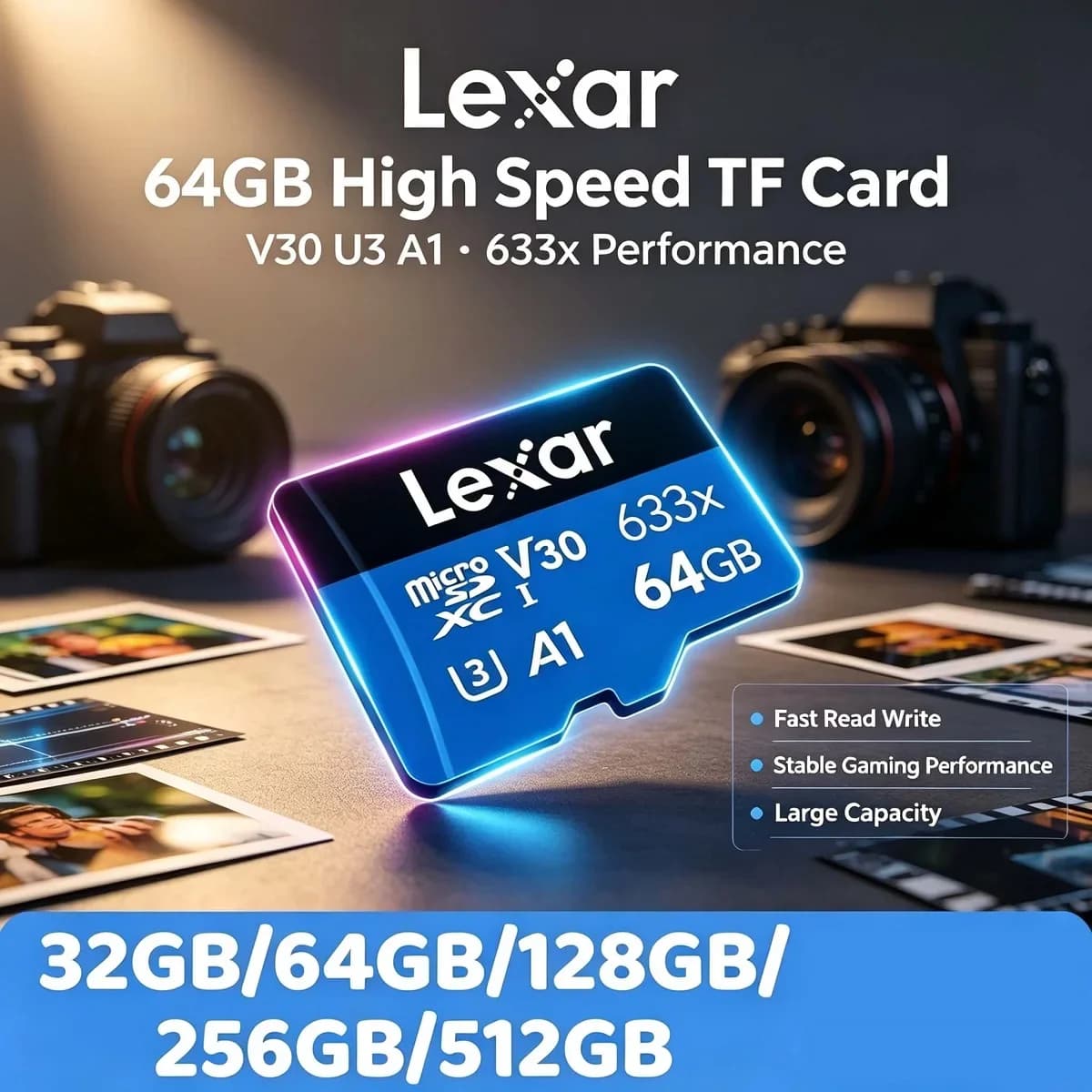 Lexar 633x Original Micro SD Card A1 V30 Storage TF Card 64GB 128GB 256GB 512GB 32GB Microsd Flash Card for Dashcam Tablet Phone