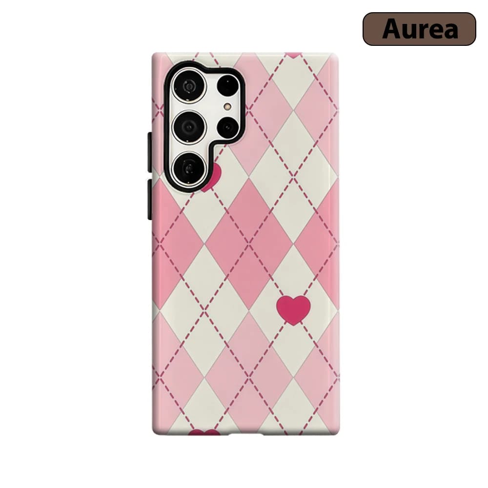 Cover per Telefono con Motivo Argyle Rosa e Bianco per Samsung Galaxy S25 Ultra S24 S23 Ultra Plus, Custodia Antiurto a Doppio Strato Resistente