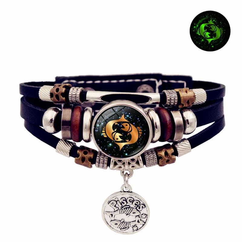 Bracciale in Pelle Luminoso con Segni Zodiacali, Bracciale Multistrato con Perline in Pelle, Gioielli Regalo per Uomini, Donne e Coppie