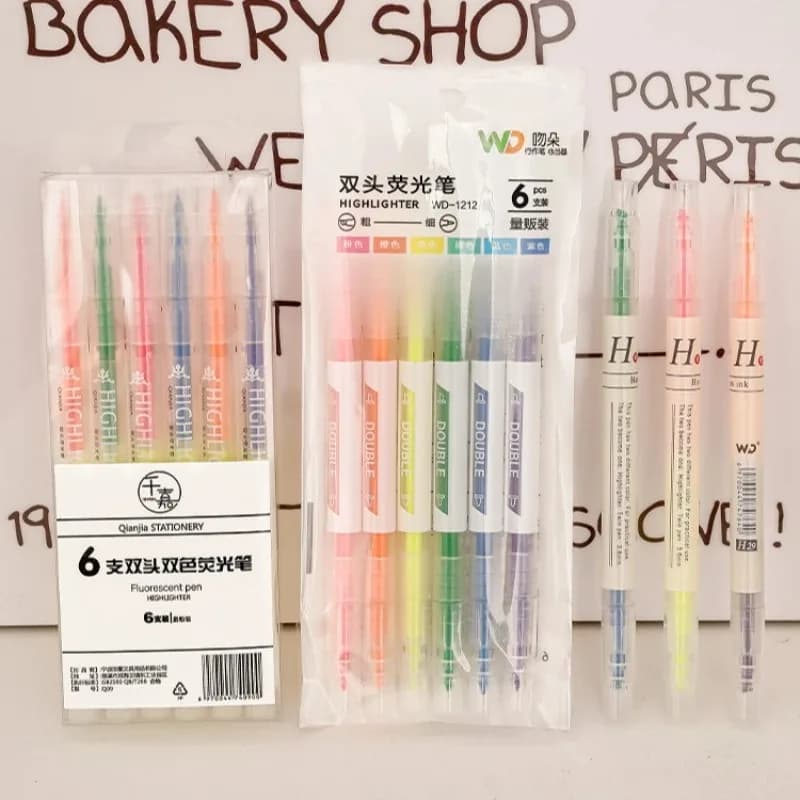 Forniture per Ufficio e Scuola, Evidenziatore Creativo a Doppia Punta Bicolore, Confezione da 6, Penne per Marcatura Frasi per Studenti, Cancelleria Kawaii
