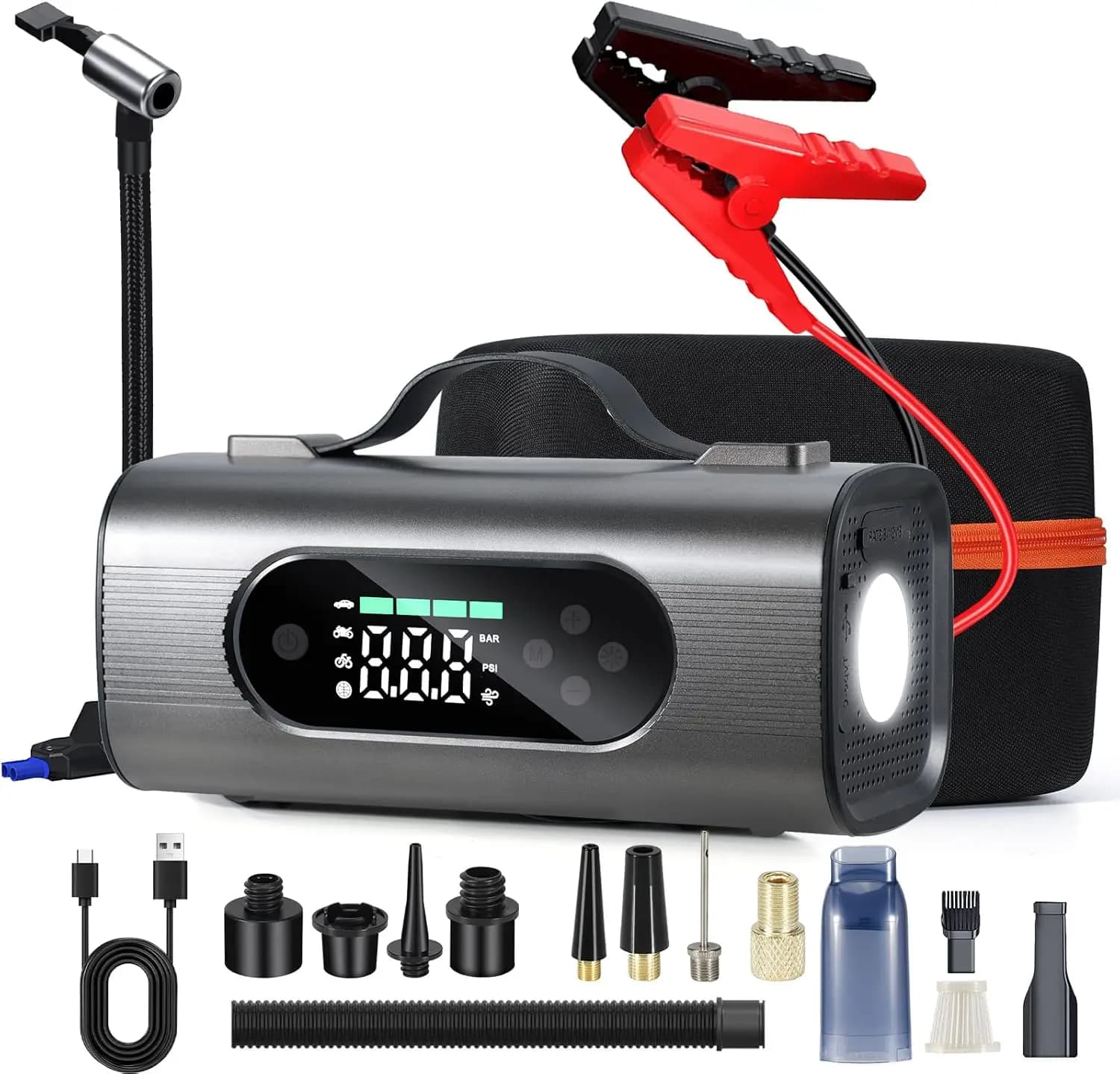 Avviatore di emergenza con compressore d'aria e aspirapolvere, portatile 1000 A, pompa 150 PSI, display LCD, luci a LED per auto fino a 4,0 litri