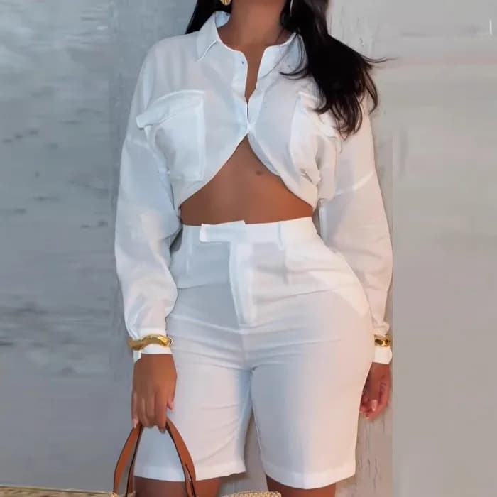 Elegant two-piece women's set summer 2025 new revealing shirt in waist with loose long sleeves solid and half dress high waist pants