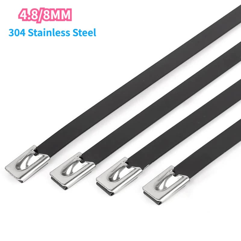 Fascette per cavi rivestite a spruzzo in acciaio inossidabile 304 Fibbie per cavi autobloccanti antiruggine marine nere da 4,8/8 mm