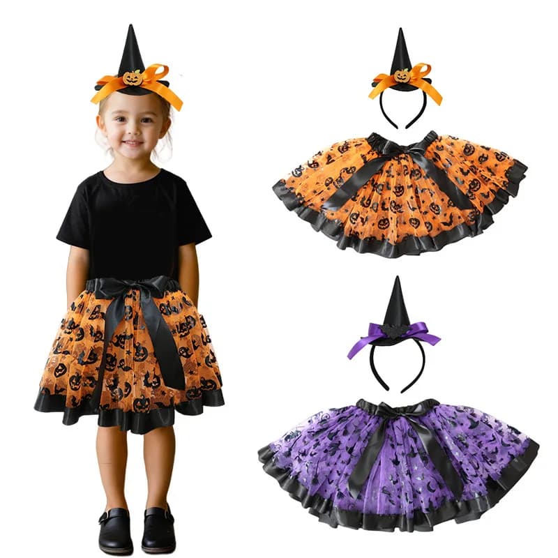 Halloween Party Kids Performance Costume Skirt Tulle Skirt 2-Piece Set Puffy Skirt Headband Set
