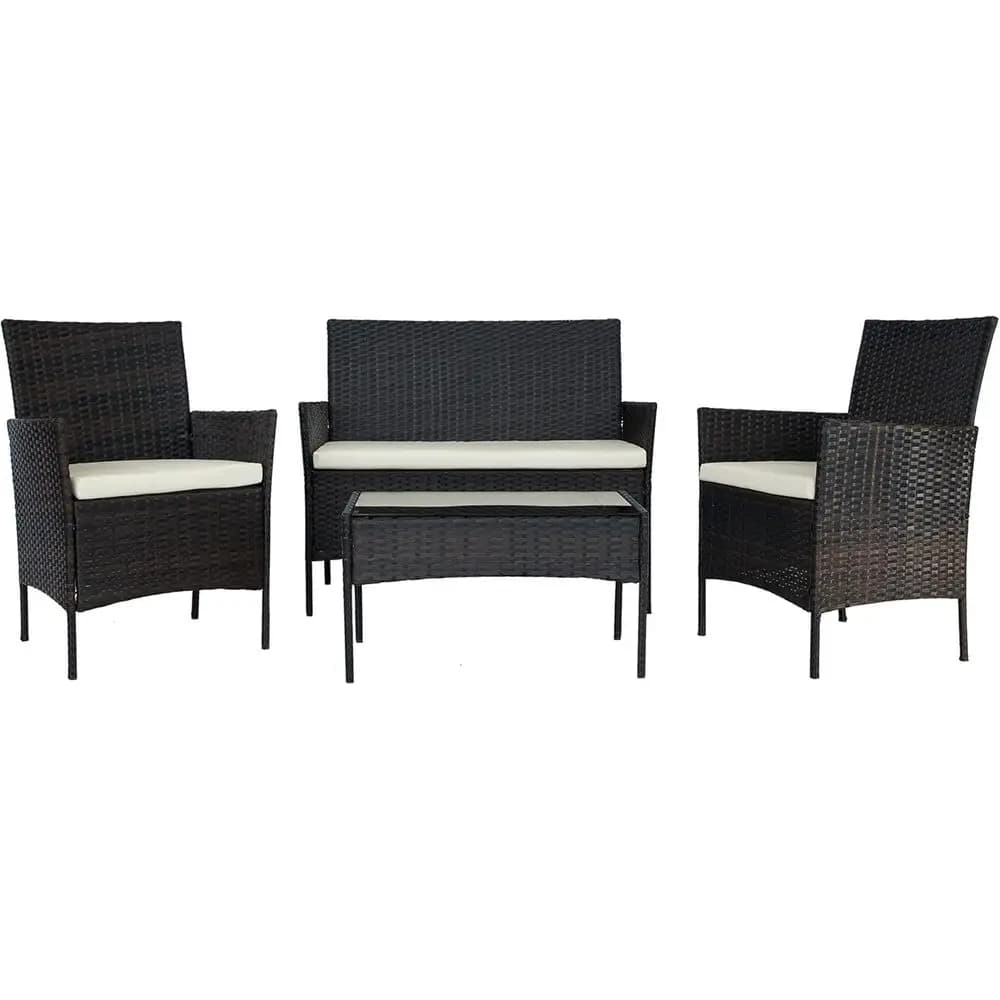 Set di mobili da giardino per esterni in 4 pezzi con cuscini, sedie in vimini di rattan, divano e tavolino, adatto per giardino, bordo piscina, B