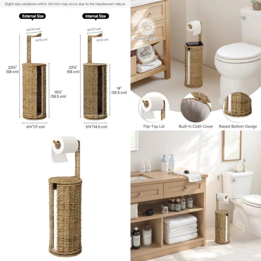 Portarotolo da terra in vimini e paglia marina con contenitore, stile rustico, per 4 rotoli con coperchio